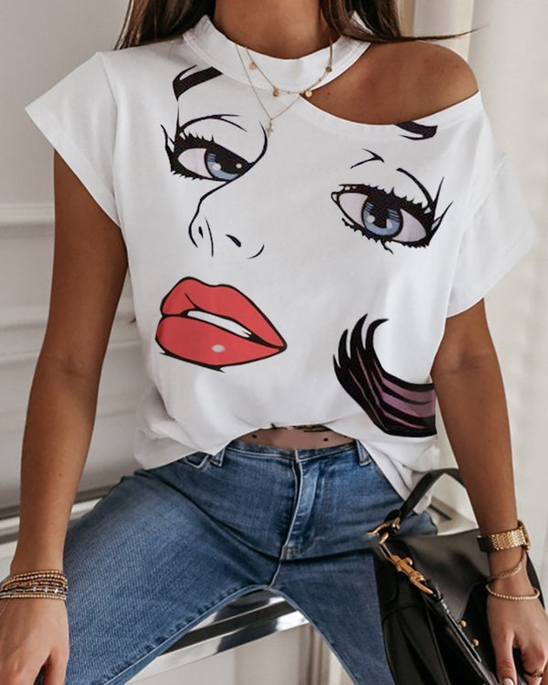 Printed lip neck T-shirt